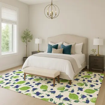 9' X 12' Linen Green And Blue Lemons Washable Indoor Outdoor Area Rug