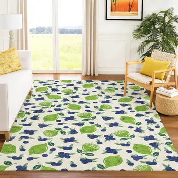 9' X 12' Linen Green And Blue Lemons Washable Indoor Outdoor Area Rug