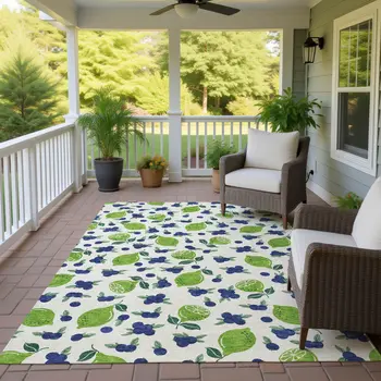 9' X 12' Linen Green And Blue Lemons Washable Indoor Outdoor Area Rug