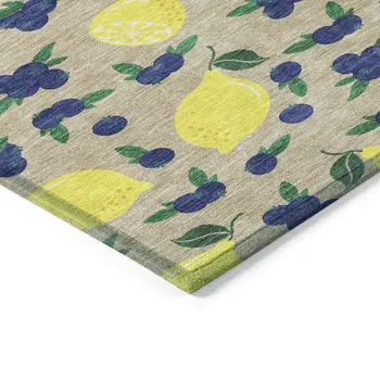 3' X 5' Stone Yellow And Blue Lemons Washable Indoor Outdoor Area Rug