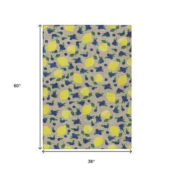 3' X 5' Stone Yellow And Blue Lemons Washable Indoor Outdoor Area Rug