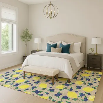 3' X 5' Stone Yellow And Blue Lemons Washable Indoor Outdoor Area Rug