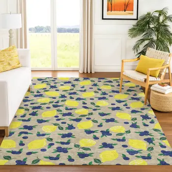 3' X 5' Stone Yellow And Blue Lemons Washable Indoor Outdoor Area Rug