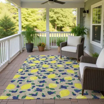 3' X 5' Stone Yellow And Blue Lemons Washable Indoor Outdoor Area Rug