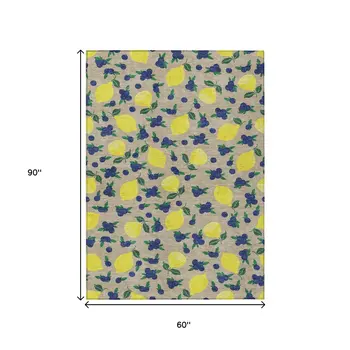 5' X 8' Stone Yellow And Blue Lemons Washable Indoor Outdoor Area Rug