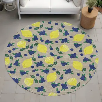8' Stone Yellow And Blue Round Lemons Washable Indoor Outdoor Area Rug