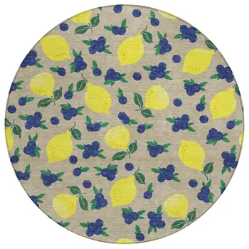 8' Stone Yellow And Blue Round Lemons Washable Indoor Outdoor Area Rug