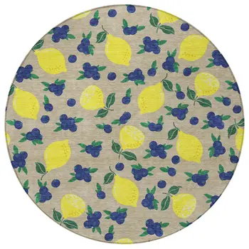 8' Stone Yellow And Blue Round Lemons Washable Indoor Outdoor Area Rug