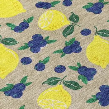 8' Stone Yellow And Blue Round Lemons Washable Indoor Outdoor Area Rug