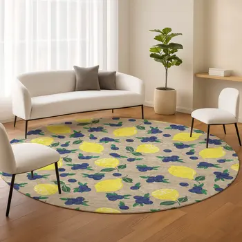 8' Stone Yellow And Blue Round Lemons Washable Indoor Outdoor Area Rug
