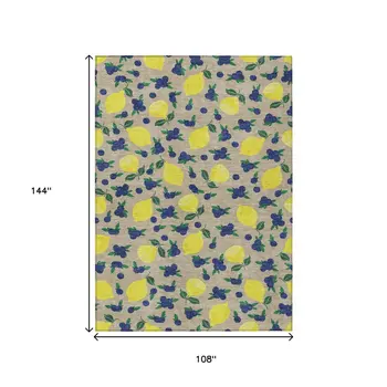 9' X 12' Stone Yellow And Blue Lemons Washable Indoor Outdoor Area Rug
