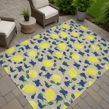 10' X 14' Stone Yellow And Blue Lemons Washable Indoor Outdoor Area Rug