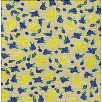 3' X 5' Wheat Yellow And Blue Lemons Washable Indoor Outdoor Area Rug