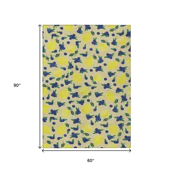 5' X 8' Wheat Yellow And Blue Lemons Washable Indoor Outdoor Area Rug