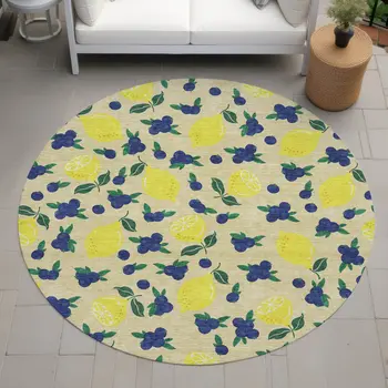 8' Wheat Yellow And Blue Round Lemons Washable Indoor Outdoor Area Rug
