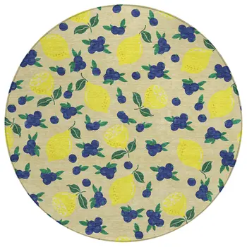 8' Wheat Yellow And Blue Round Lemons Washable Indoor Outdoor Area Rug