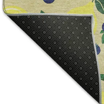 8' Wheat Yellow And Blue Round Lemons Washable Indoor Outdoor Area Rug