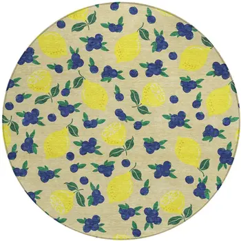 8' Wheat Yellow And Blue Round Lemons Washable Indoor Outdoor Area Rug