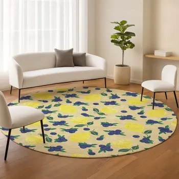 8' Wheat Yellow And Blue Round Lemons Washable Indoor Outdoor Area Rug