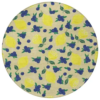 8' Wheat Yellow And Blue Round Lemons Washable Indoor Outdoor Area Rug