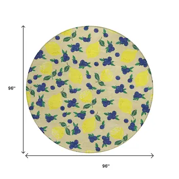 8' Wheat Yellow And Blue Round Lemons Washable Indoor Outdoor Area Rug