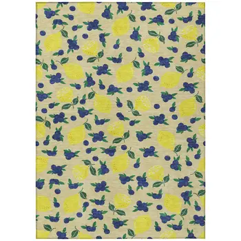 8' X 10' Wheat Yellow And Blue Lemons Washable Indoor Outdoor Area Rug