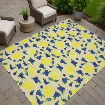 9' X 12' Wheat Yellow And Blue Lemons Washable Indoor Outdoor Area Rug