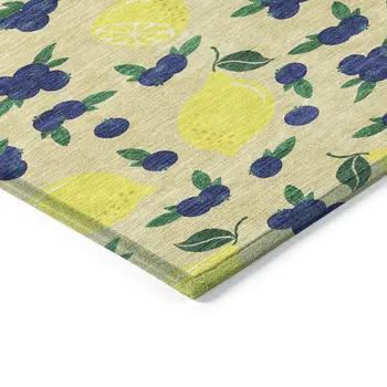 9' X 12' Wheat Yellow And Blue Lemons Washable Indoor Outdoor Area Rug