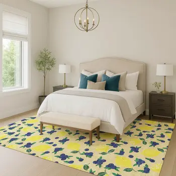 9' X 12' Wheat Yellow And Blue Lemons Washable Indoor Outdoor Area Rug