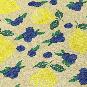 10' X 14' Wheat Yellow And Blue Lemons Washable Indoor Outdoor Area Rug