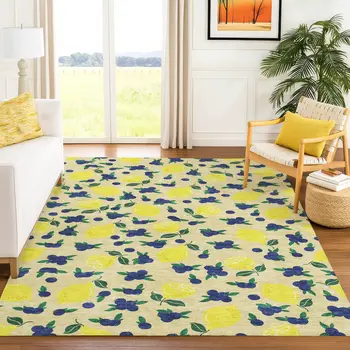 10' X 14' Wheat Yellow And Blue Lemons Washable Indoor Outdoor Area Rug
