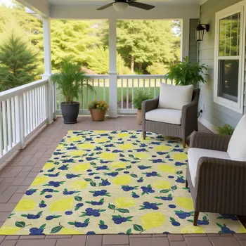 10' X 14' Wheat Yellow And Blue Lemons Washable Indoor Outdoor Area Rug