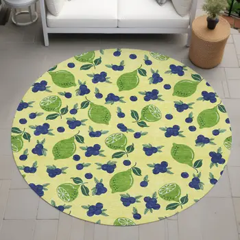 8' Yellow Blue And Green Round Lemons Washable Indoor Outdoor Area Rug
