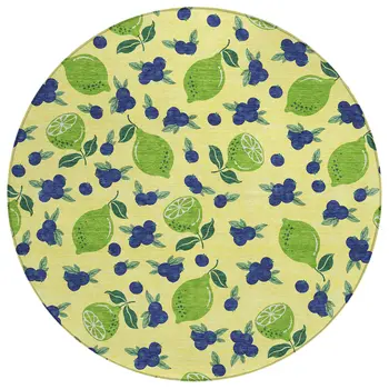 8' Yellow Blue And Green Round Lemons Washable Indoor Outdoor Area Rug