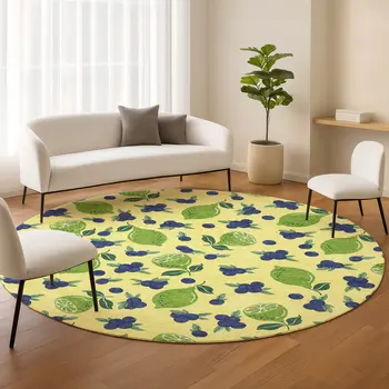 8' Yellow Blue And Green Round Lemons Washable Indoor Outdoor Area Rug