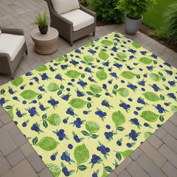 9' X 12' Yellow Blue And Green Lemons Washable Indoor Outdoor Area Rug