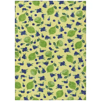 9' X 12' Yellow Blue And Green Lemons Washable Indoor Outdoor Area Rug