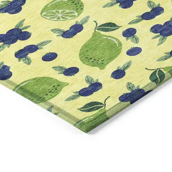 9' X 12' Yellow Blue And Green Lemons Washable Indoor Outdoor Area Rug