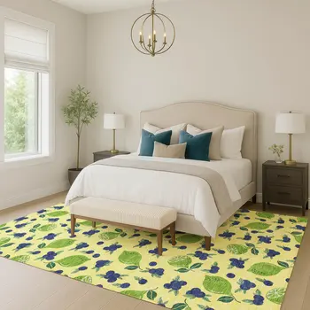 9' X 12' Yellow Blue And Green Lemons Washable Indoor Outdoor Area Rug