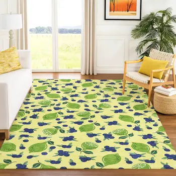 9' X 12' Yellow Blue And Green Lemons Washable Indoor Outdoor Area Rug