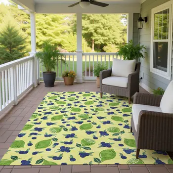 9' X 12' Yellow Blue And Green Lemons Washable Indoor Outdoor Area Rug