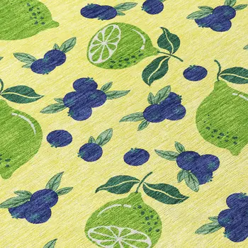 10' X 14' Yellow Blue And Green Lemons Washable Indoor Outdoor Area Rug