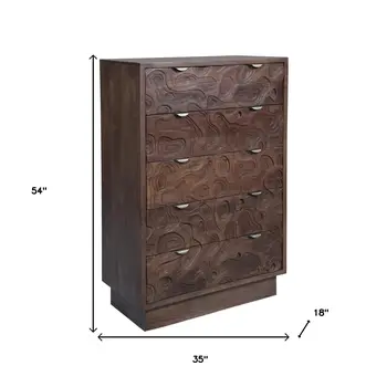 35" Brown Solid Wood Five Drawer Dresser