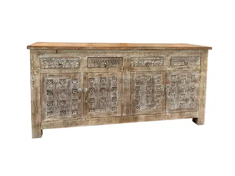 74" Brown Distressed Solid Wood Carved Floral Four Drawer Sideboard with Four Doors