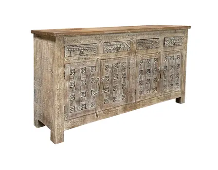 74" Brown Distressed Solid Wood Carved Floral Four Drawer Sideboard with Four Doors