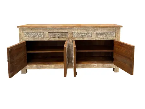 74" Brown Distressed Solid Wood Carved Floral Four Drawer Sideboard with Four Doors