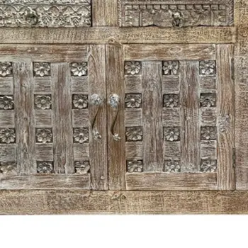 74" Brown Distressed Solid Wood Carved Floral Four Drawer Sideboard with Four Doors