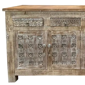 74" Brown Distressed Solid Wood Carved Floral Four Drawer Sideboard with Four Doors