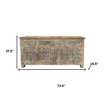 74" Brown Distressed Solid Wood Carved Floral Four Drawer Sideboard with Four Doors