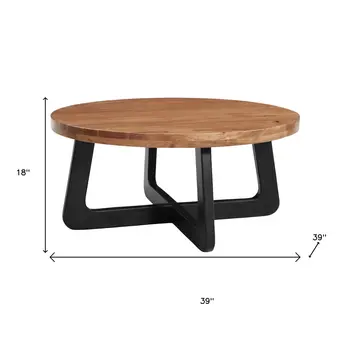 39" Brown and Black Solid Wood and Iron Round Cross Legs Coffee Table